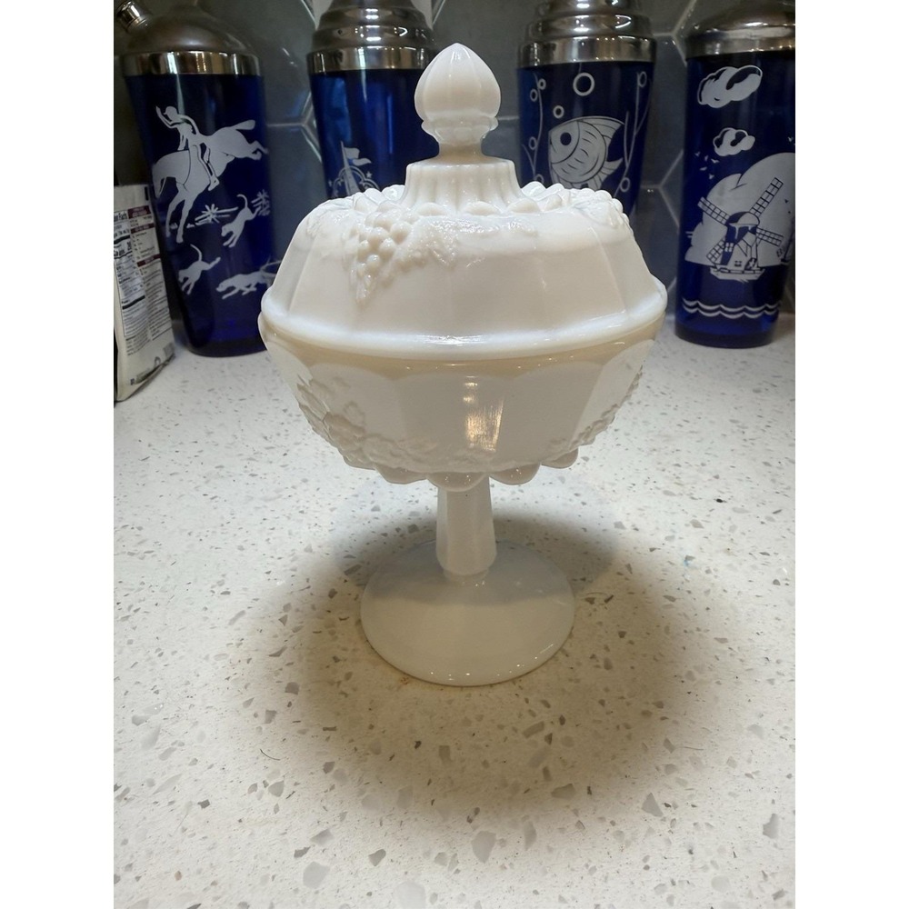 Westmoreland Paneled Grape Pedestal 7" Candy Dish Mid Century Milk Glass
